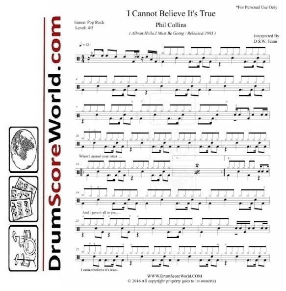 Phil Collins - I Cannot Believe it's True | Drum Sheet + Play-Along Track